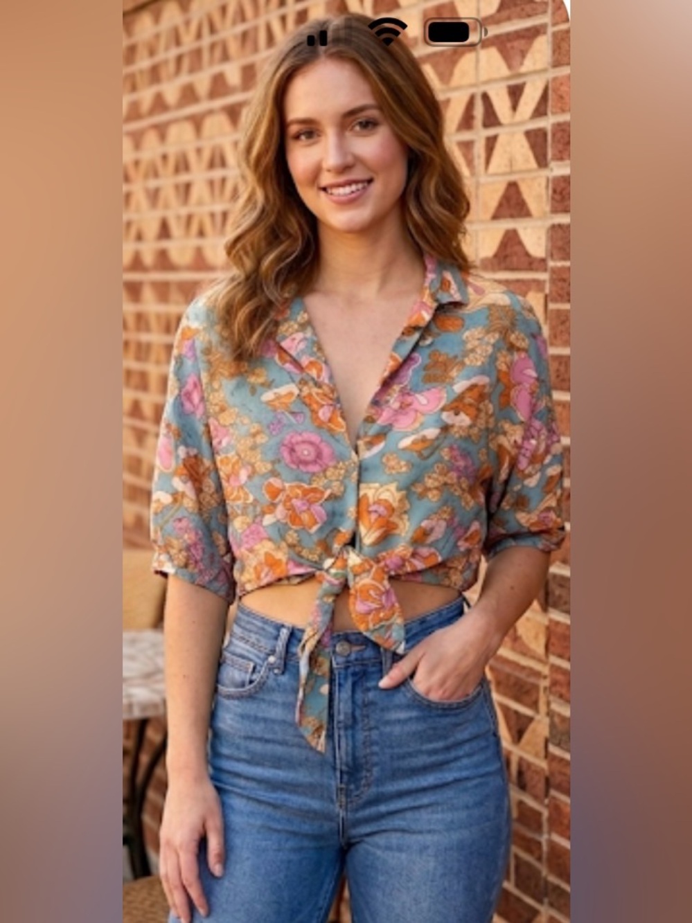 Love Notes Floral Tie-Front Crop Top - Teal, Pink & Orange size large like new